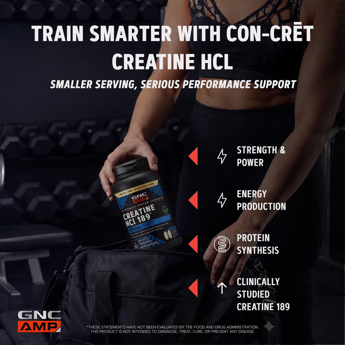 GNC Creatine HCl 189 displayed with a scoop for serving