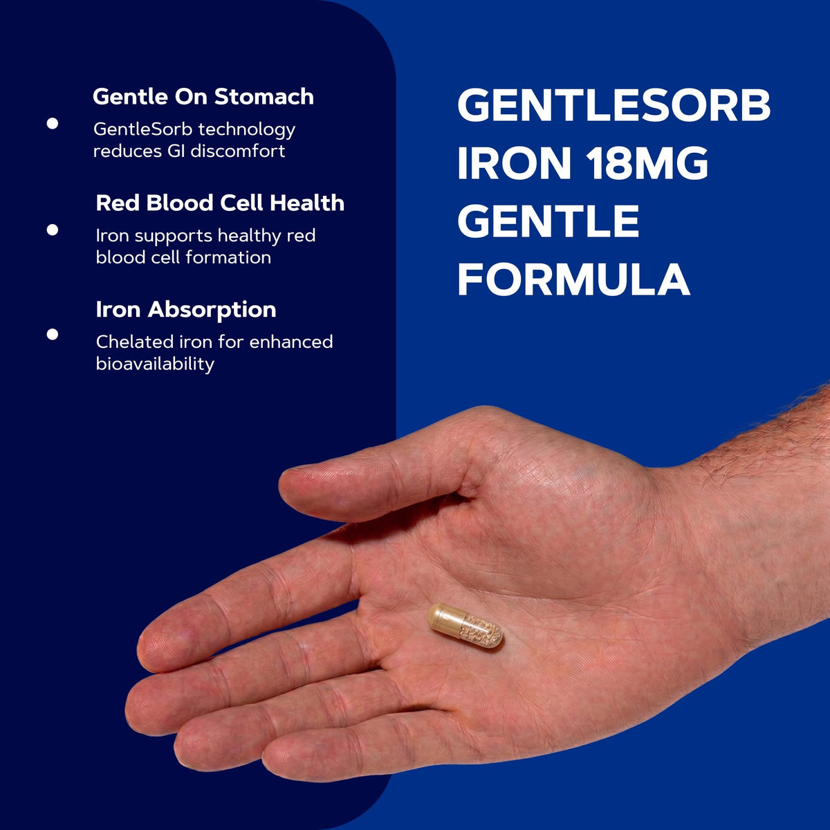 GNC Gentlesorb Fer 18mg capsules végétariennes sur fond blanc