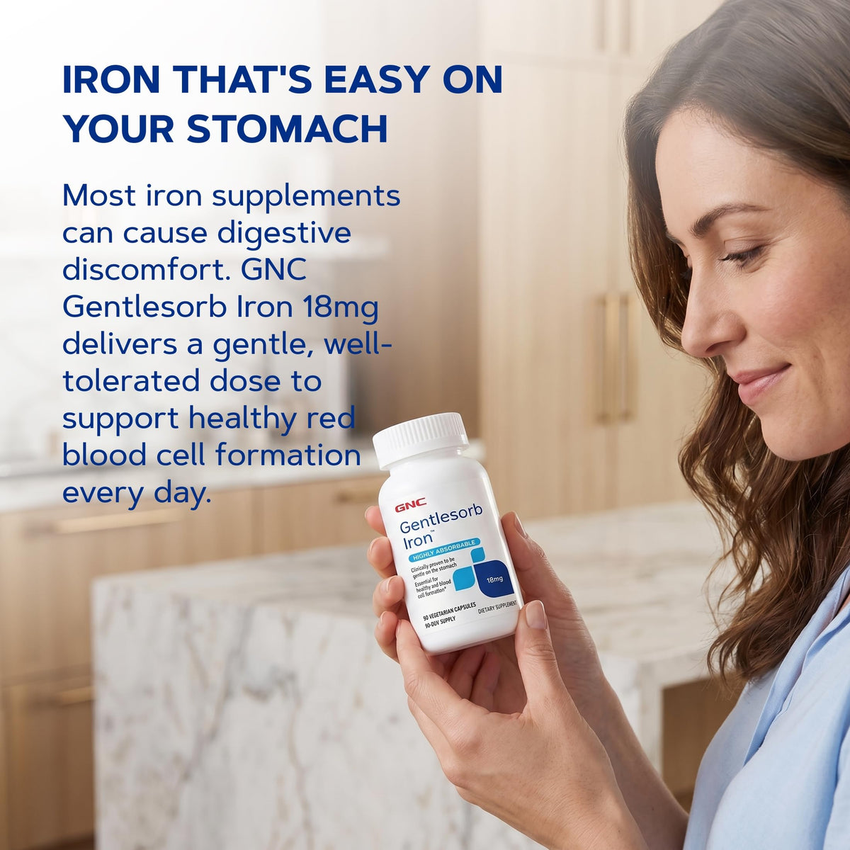 GNC Gentlesorb Fer 18mg capsules végétariennes sur une table
