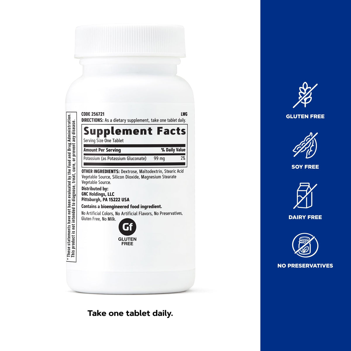 GNC Gluconate de Potassium 99mg comprimés dans une main