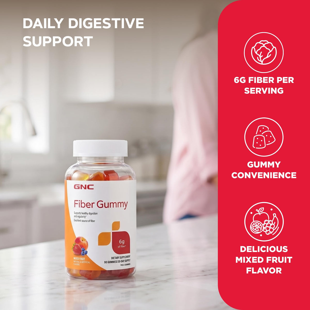 GNC Gummies de Fibres 6g, gommes sur une surface blanche