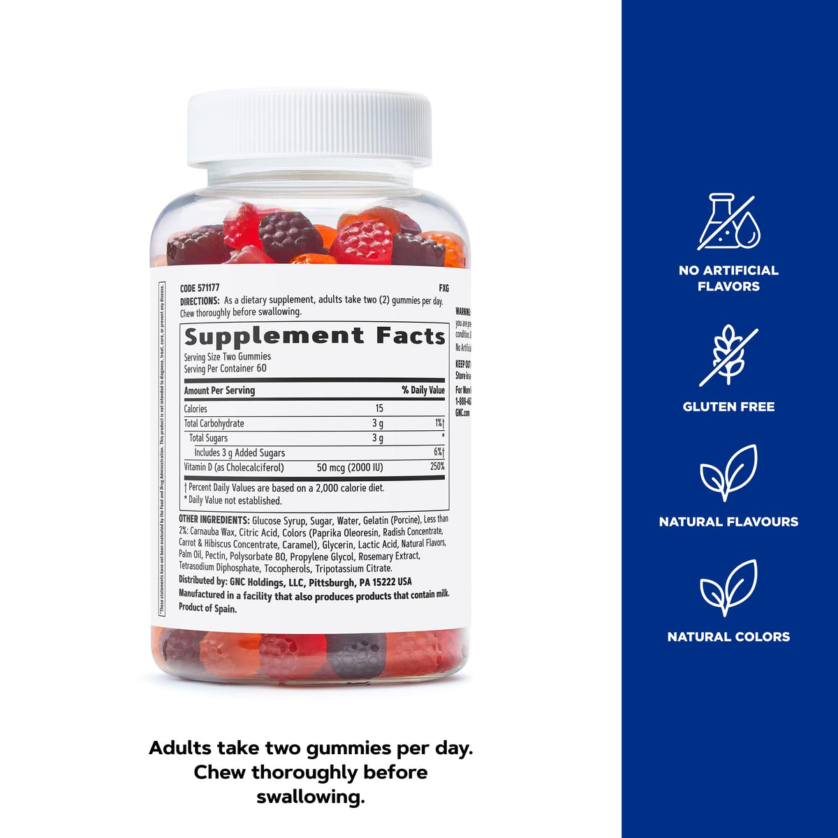 GNC Gummies de Vitamine D-3 Pêche & Baies, emballage