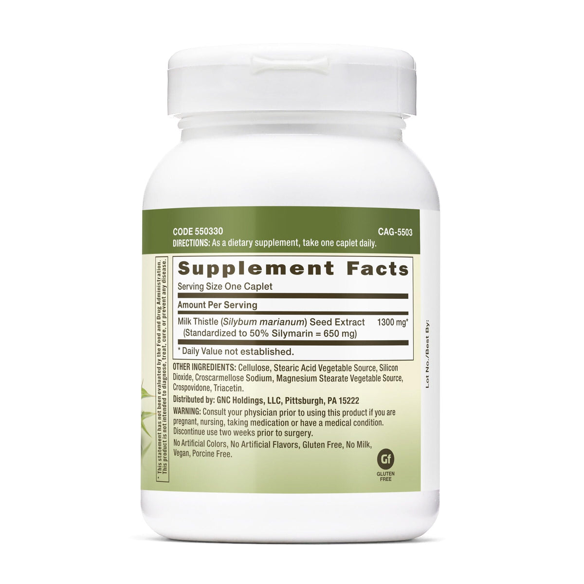 GNC Herbal Plus Chardon-Marie 1300mg caplets dans un bol