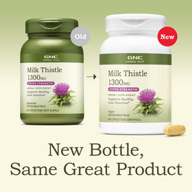 GNC Herbal Plus Chardon-Marie 1300mg sur une table avec des plantes