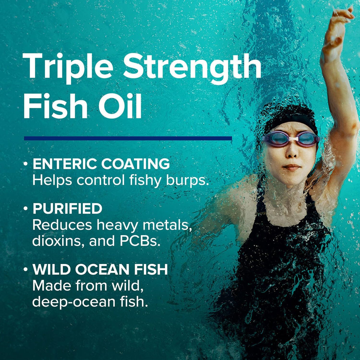 GNC Huile de Poisson Triple Force 1000mg gélules sur un plan de travail