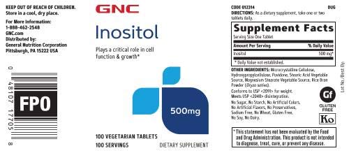 GNC Inositol 500mg comprimés arrière avec ingrédients listés