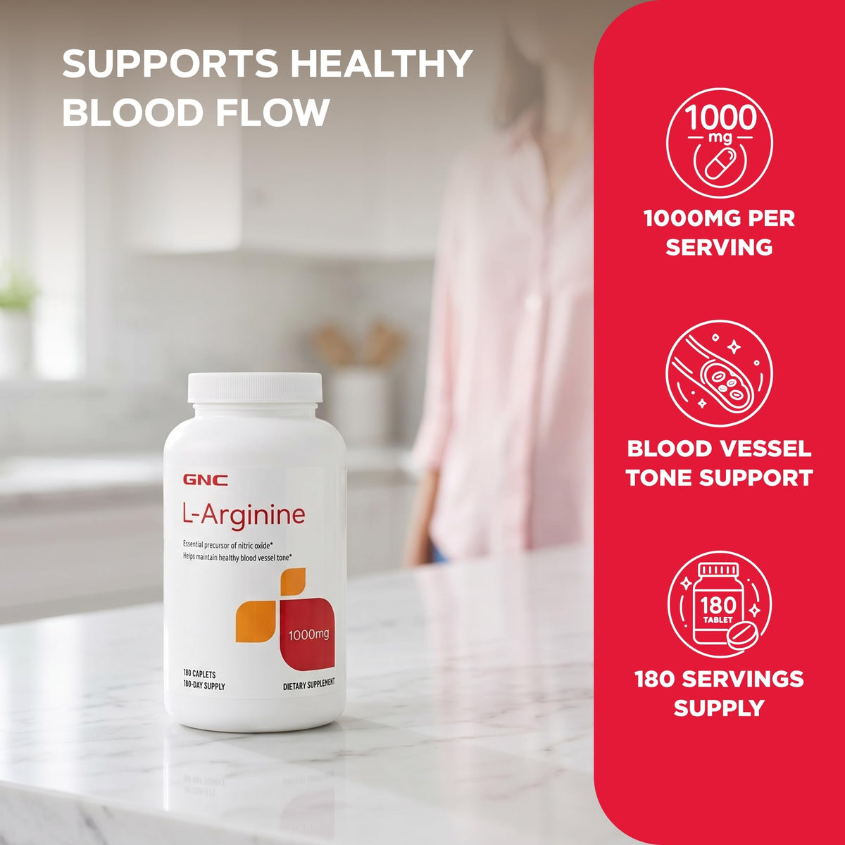 GNC L-Arginine 1000mg gélules sur un fond neutre