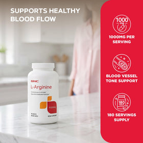 GNC L-Arginine 1000mg gélules sur un fond neutre