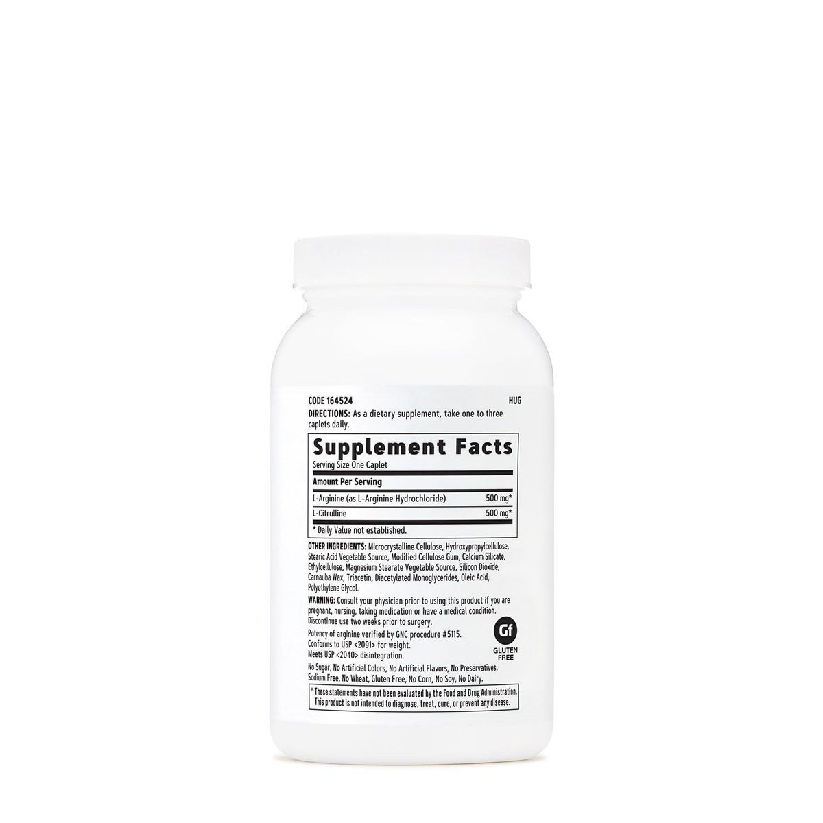 GNC L-Arginine + L-Citrulline 500mg comprimés sur fond blanc