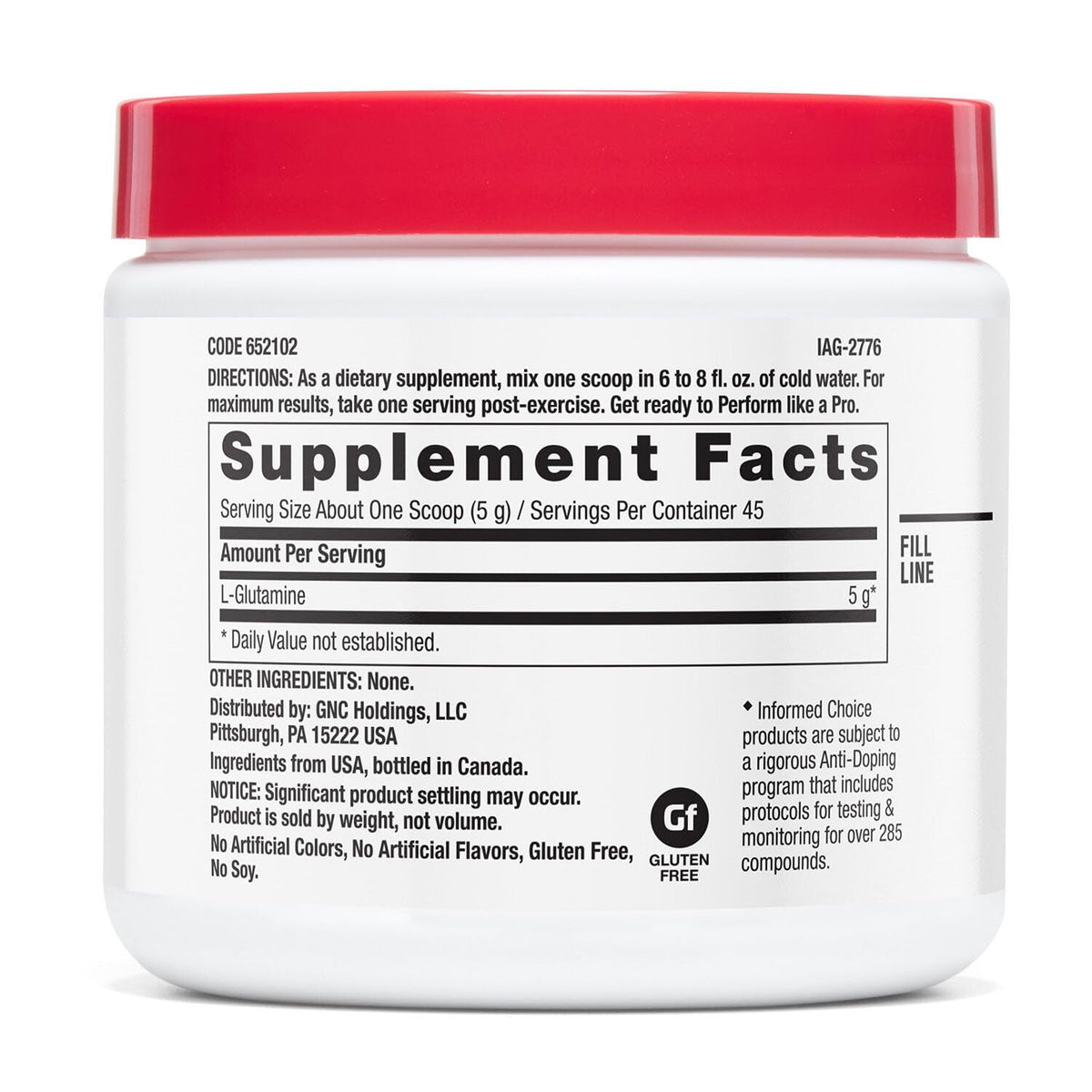 GNC L-Glutamine 5000mg contenant de 290g