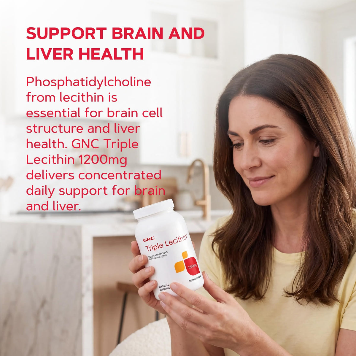 GNC Lecithine Triple 1200mg 90 gélules - fond blanc avec gélules