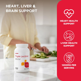 GNC Lecithine Triple 1200mg 90 gélules - gélules sur un fond blanc