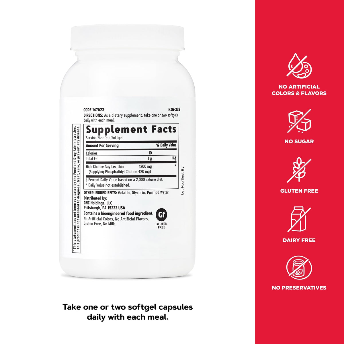 GNC Lecithine Triple 1200mg 90 gélules - présentation sur une table