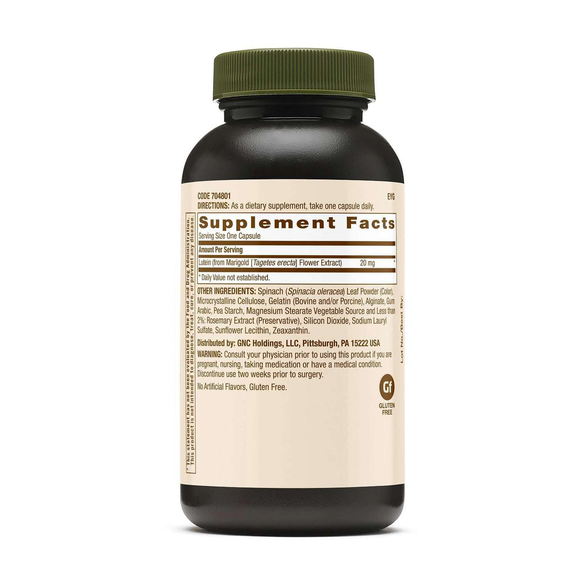 GNC Luteine 20mg capsule montrant la taille et la forme