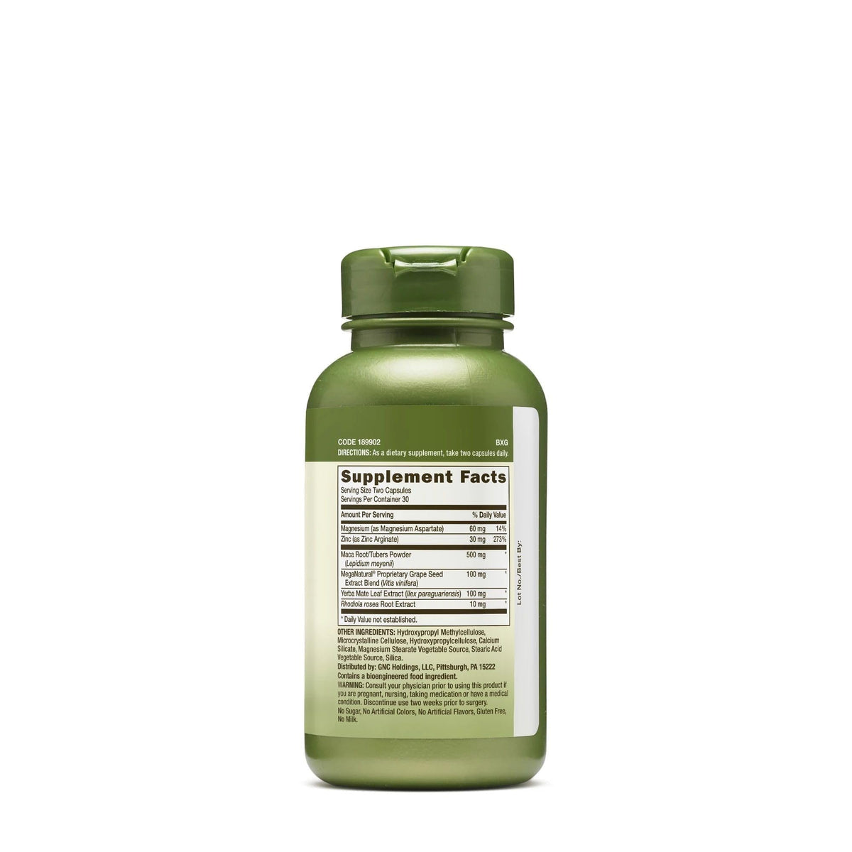 GNC Maca Complex 500mg, vue arrière montrant les ingrédients