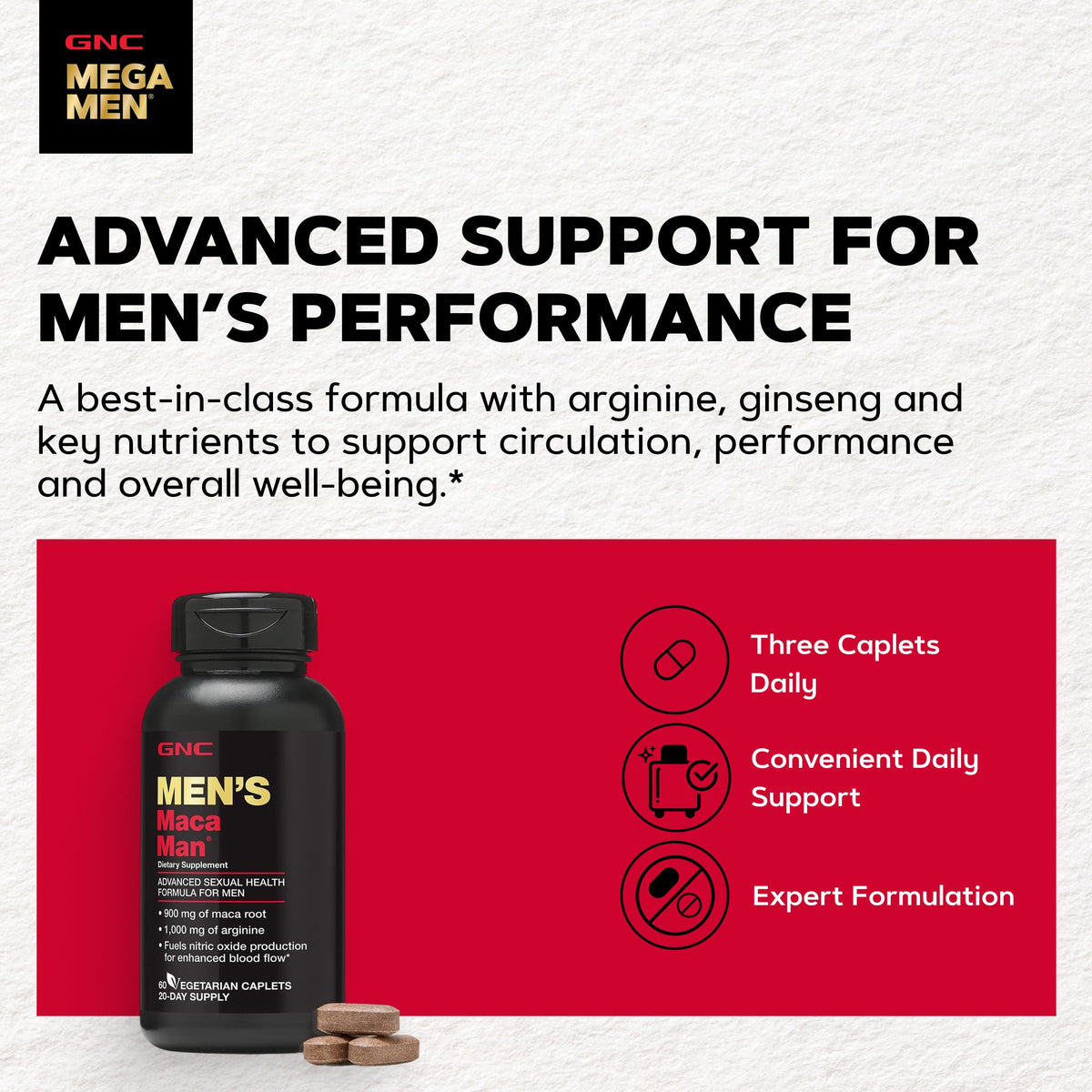 GNC Maca Man 60 capsules, vue latérale sur l'étiquette