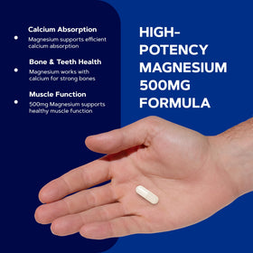 GNC Magnésium 500mg capsules à côté d'un verre d'eau