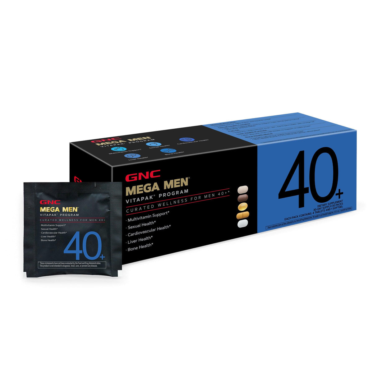 GNC Mega Men 40+ Vitapak pour Hommes 5-en-1 Multivitamines face avant