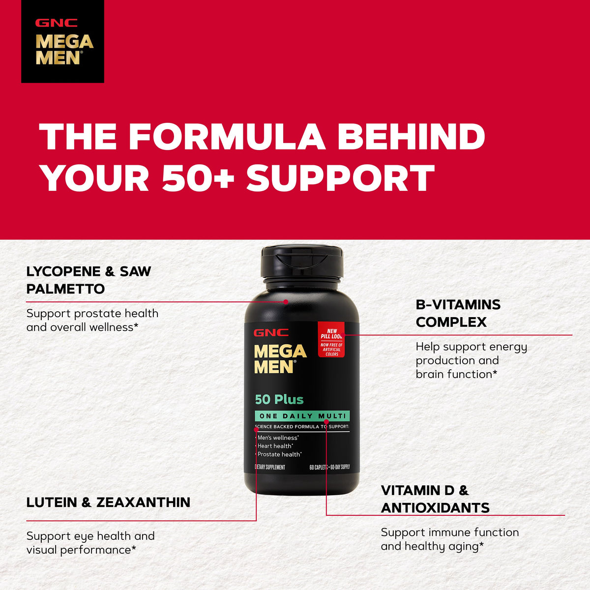 GNC Mega Men 50 Plus, comprimés sur une surface
