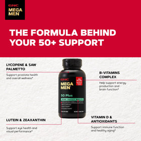 GNC Mega Men 50 Plus, comprimés sur une surface
