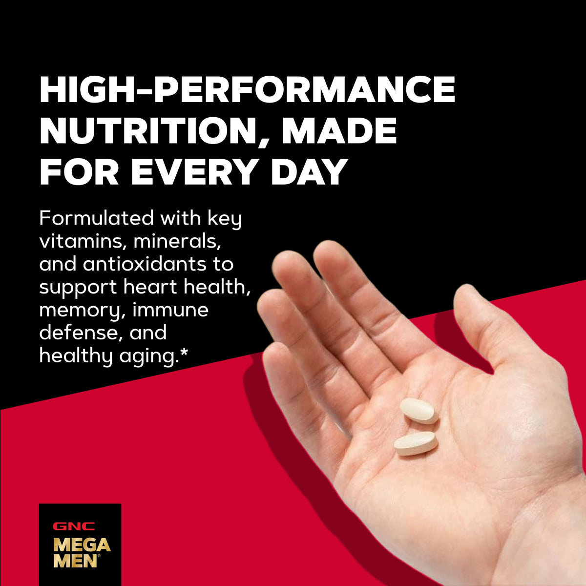 GNC Mega Men 50 Plus comprimés sur une surface en bois