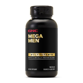 GNC Mega Men Multivitamin 90 caplets avec un verre d'eau