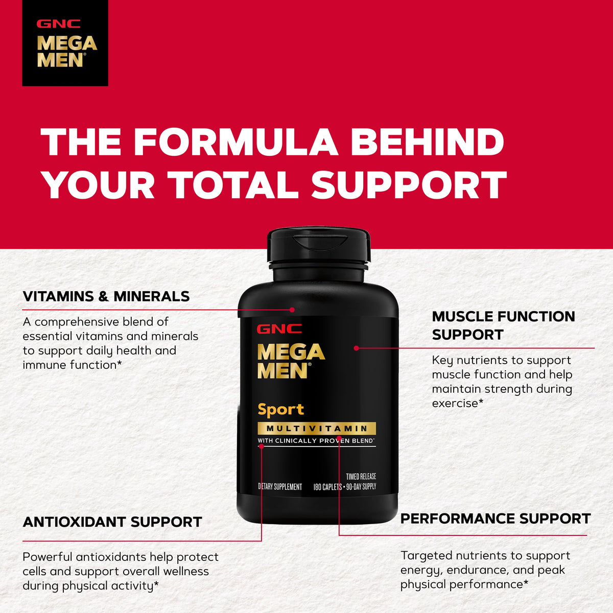 GNC Mega Men Sport Multivitamin 180 capsules on a wooden table