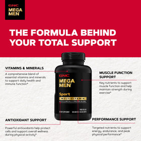 GNC Mega Men Sport Multivitamin 180 capsules on a wooden table