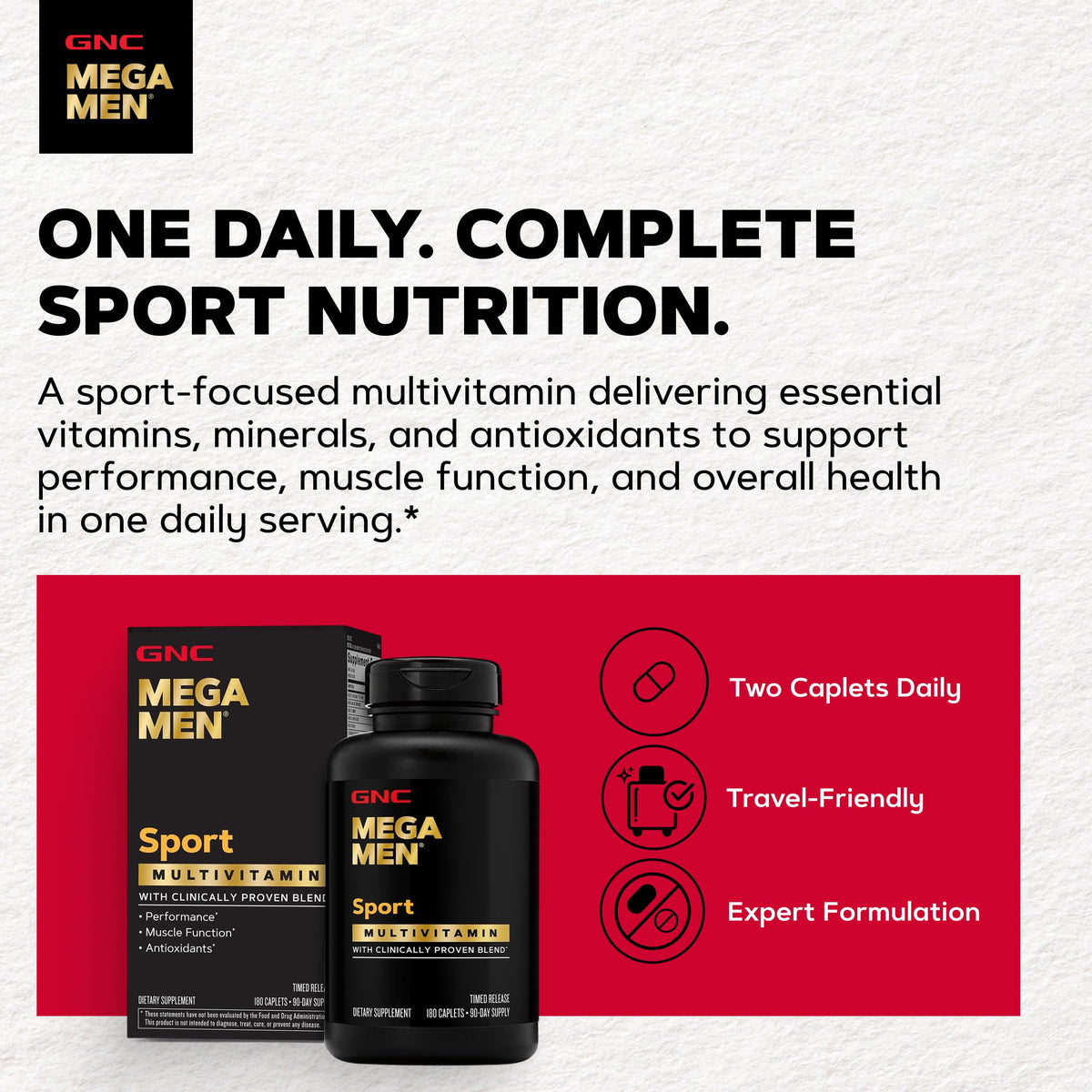 GNC Mega Men Sport Multivitamin 180 capsules with packaging