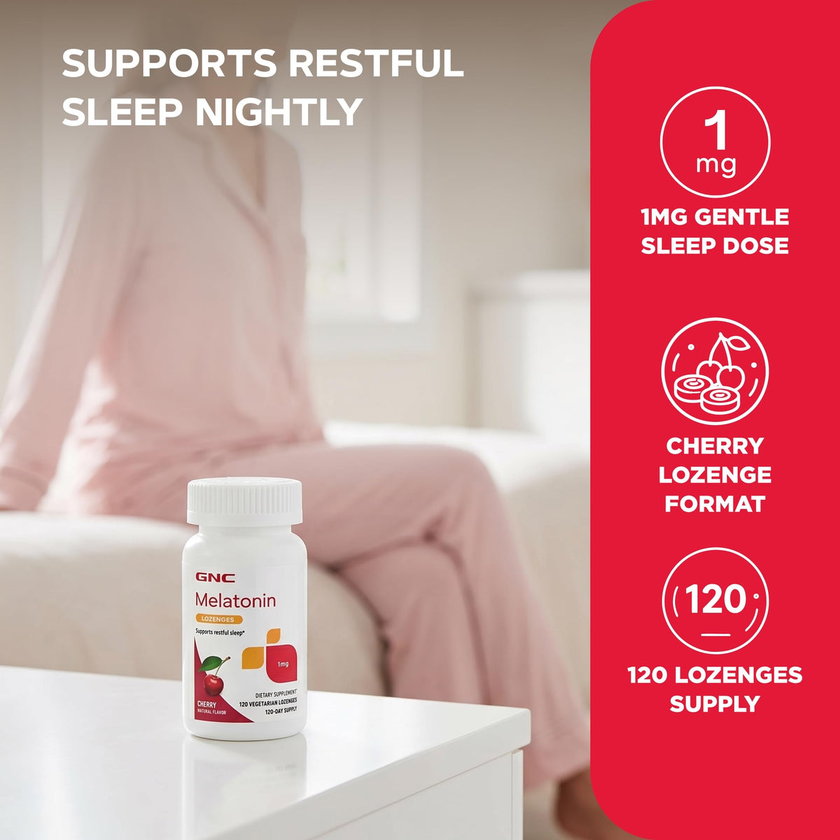 GNC Melatonin 1mg pastilles cerise sur une table