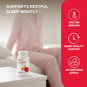 GNC Melatonine 3mg comprimés sur une table