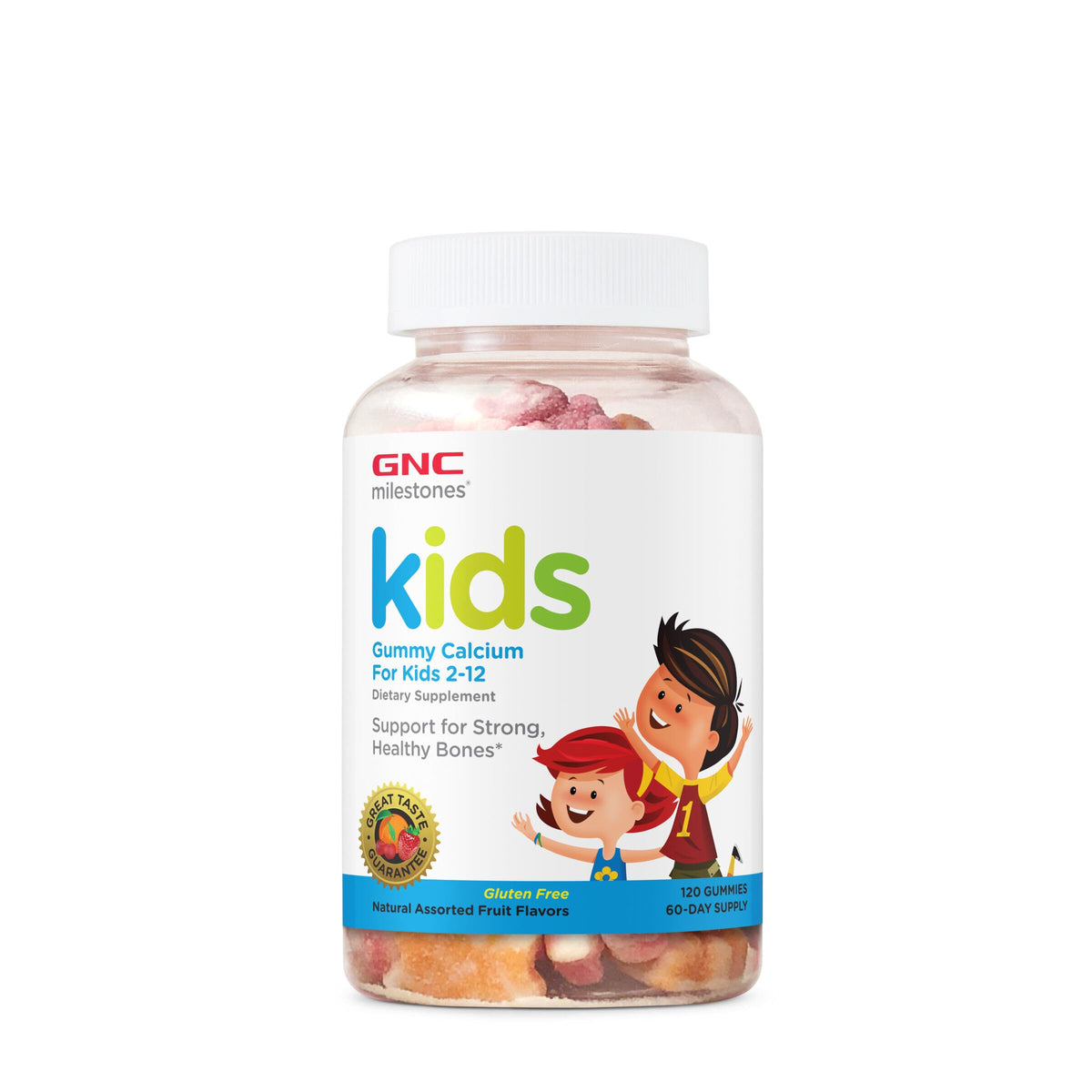 GNC Milestones Gummies Calcium Enfants 120 Gummies, vue avant avec emballage coloré