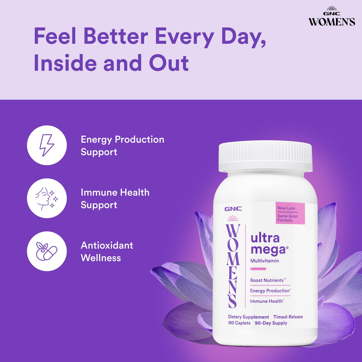 GNC Multivitamine Ultra Mega Femme, comprimés dans une main