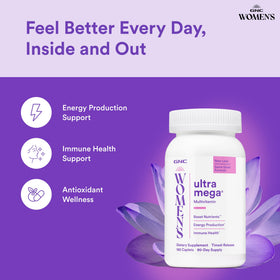 GNC Multivitamine Ultra Mega Femme, comprimés dans une main