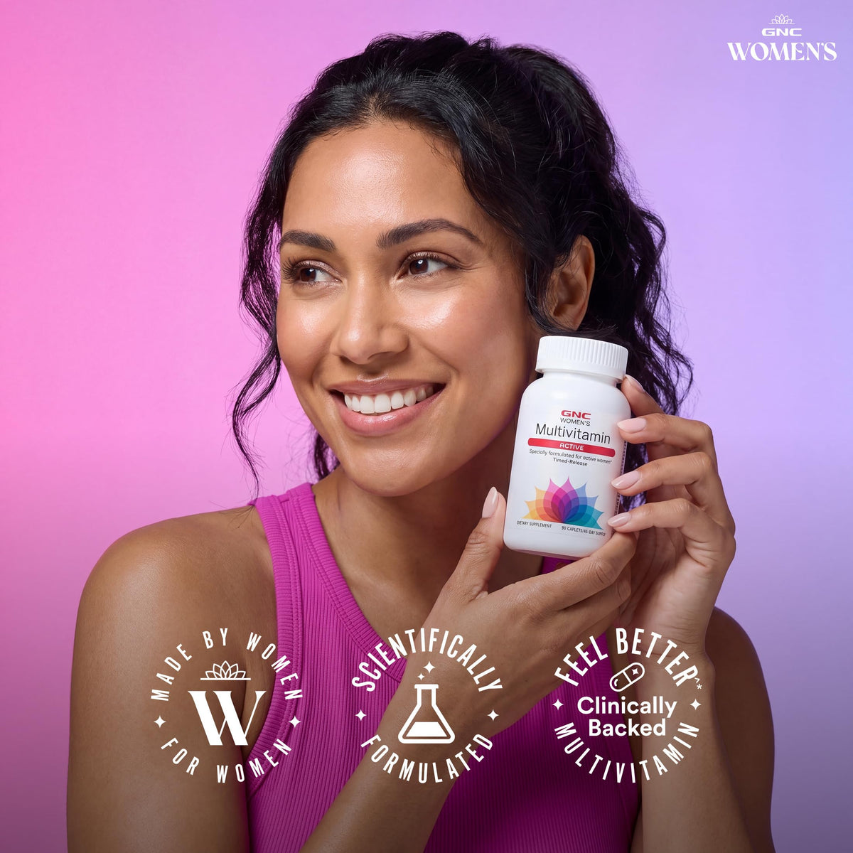 GNC Multivitamines Actives Femmes 90 Capsules sur une surface plane