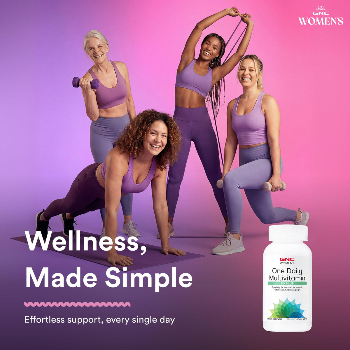 GNC Multivitamines Femmes 50 Plus, prise de comprimés avec un verre d'eau