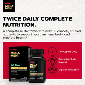 GNC Multivitamines Mega Men 50 Plus, comprimés à côté de l'emballage