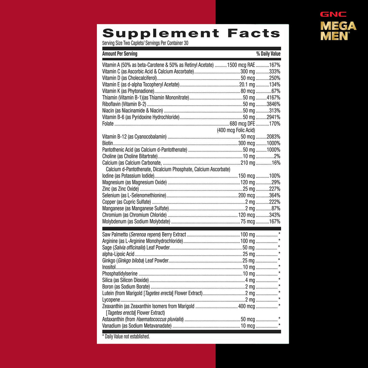 GNC Multivitamines Mega Men 50 Plus, emballage avec des détails sur les bienfaits
