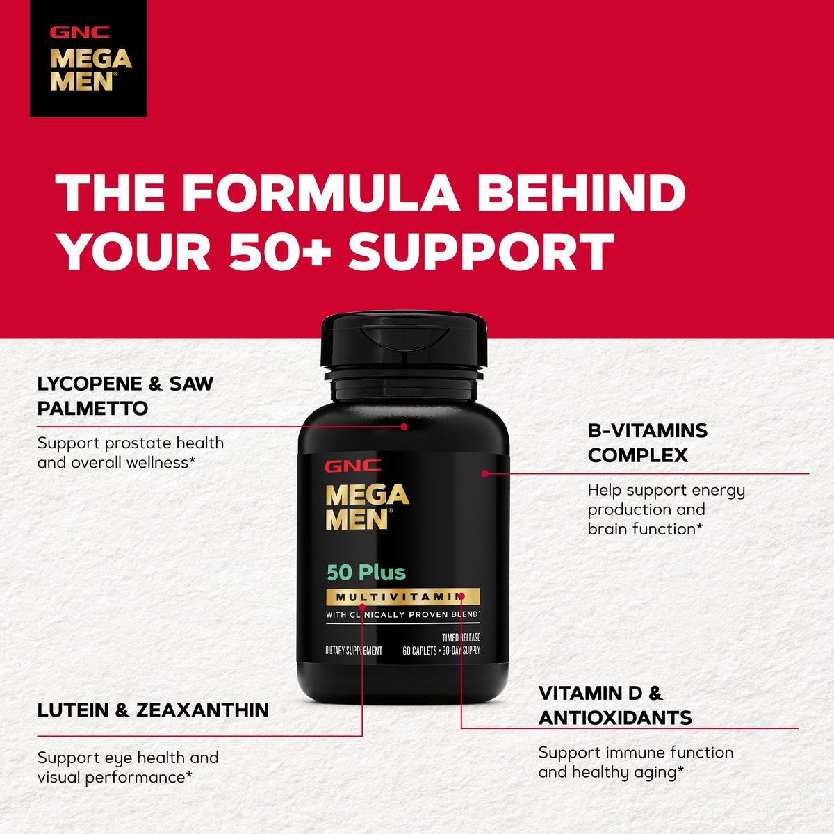 GNC Multivitamines Mega Men 50 Plus, présentation sur une table en bois