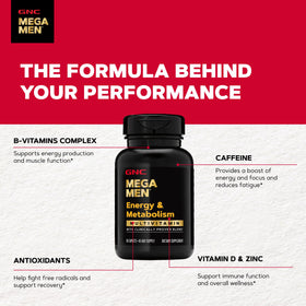 GNC Multivitamines Mega Men Énergie & Métabolisme 90 comprimés sur fond blanc