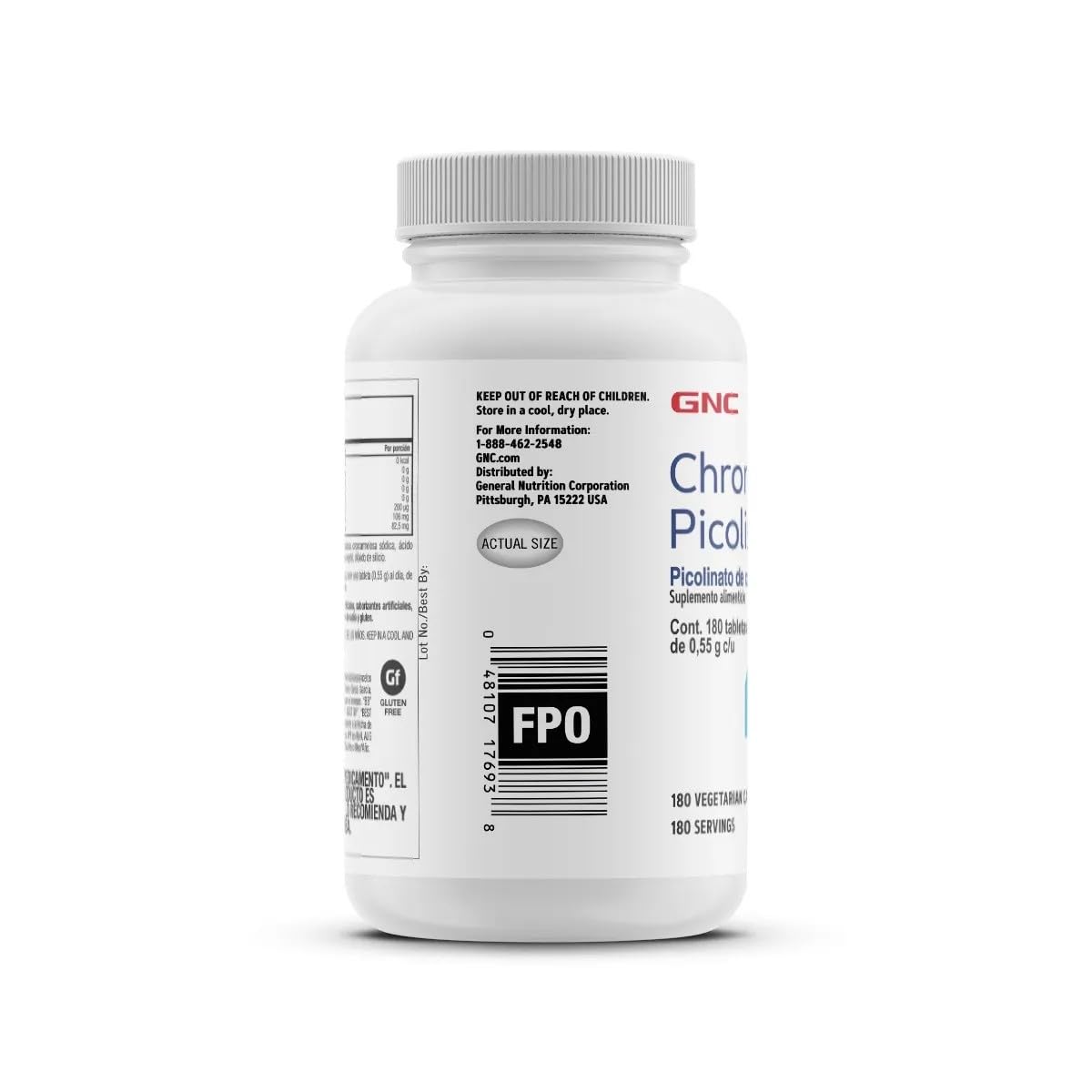 GNC Picolinate de Chrome 200mcg flacon de côté montrant les dimensions
