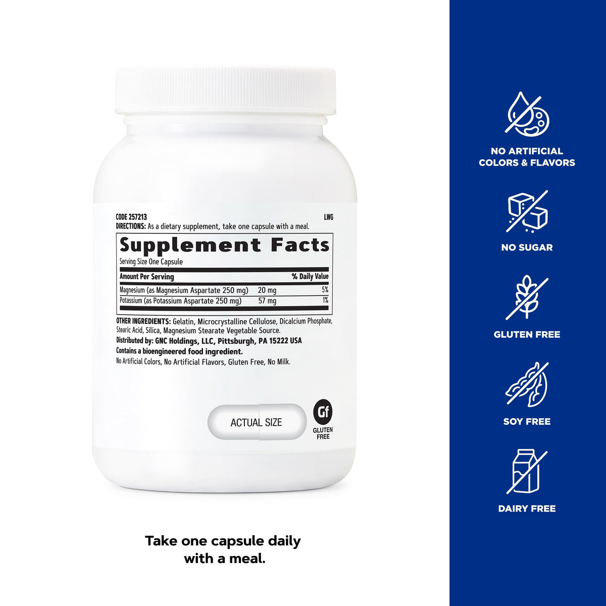 GNC Potassium et Magnésium Aspartate 250mg capsules dans une main