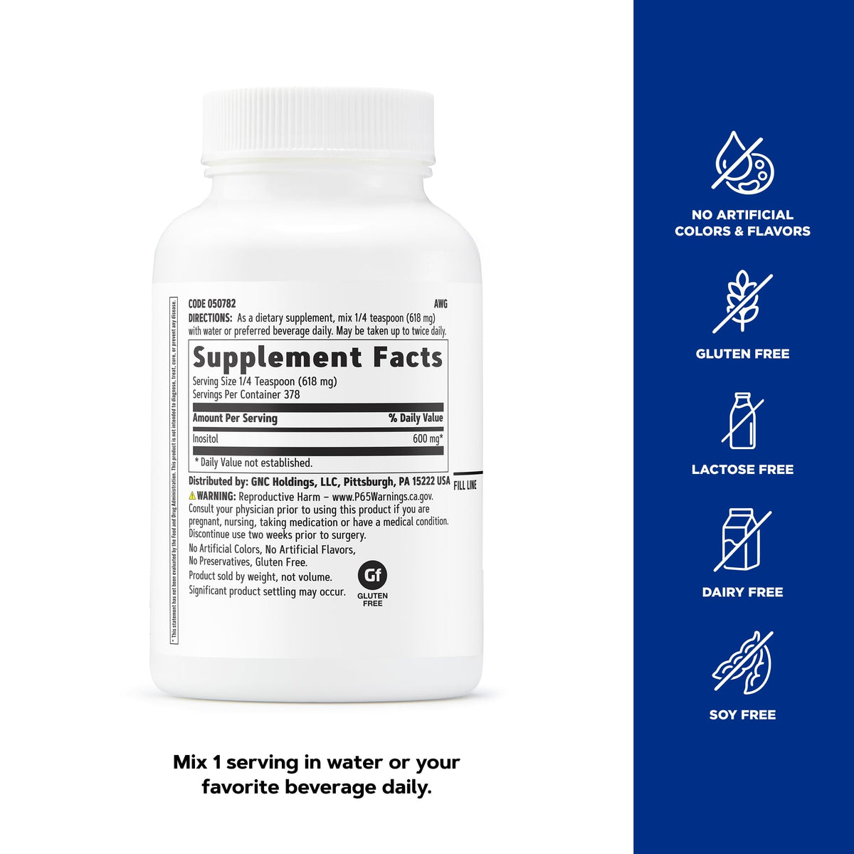 GNC Poudre d'Inositol 600mg, environnement de présentation sur un plan de travail