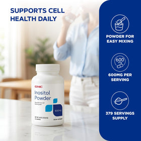 GNC Poudre d'Inositol 600mg, vue de côté avec cuillère
