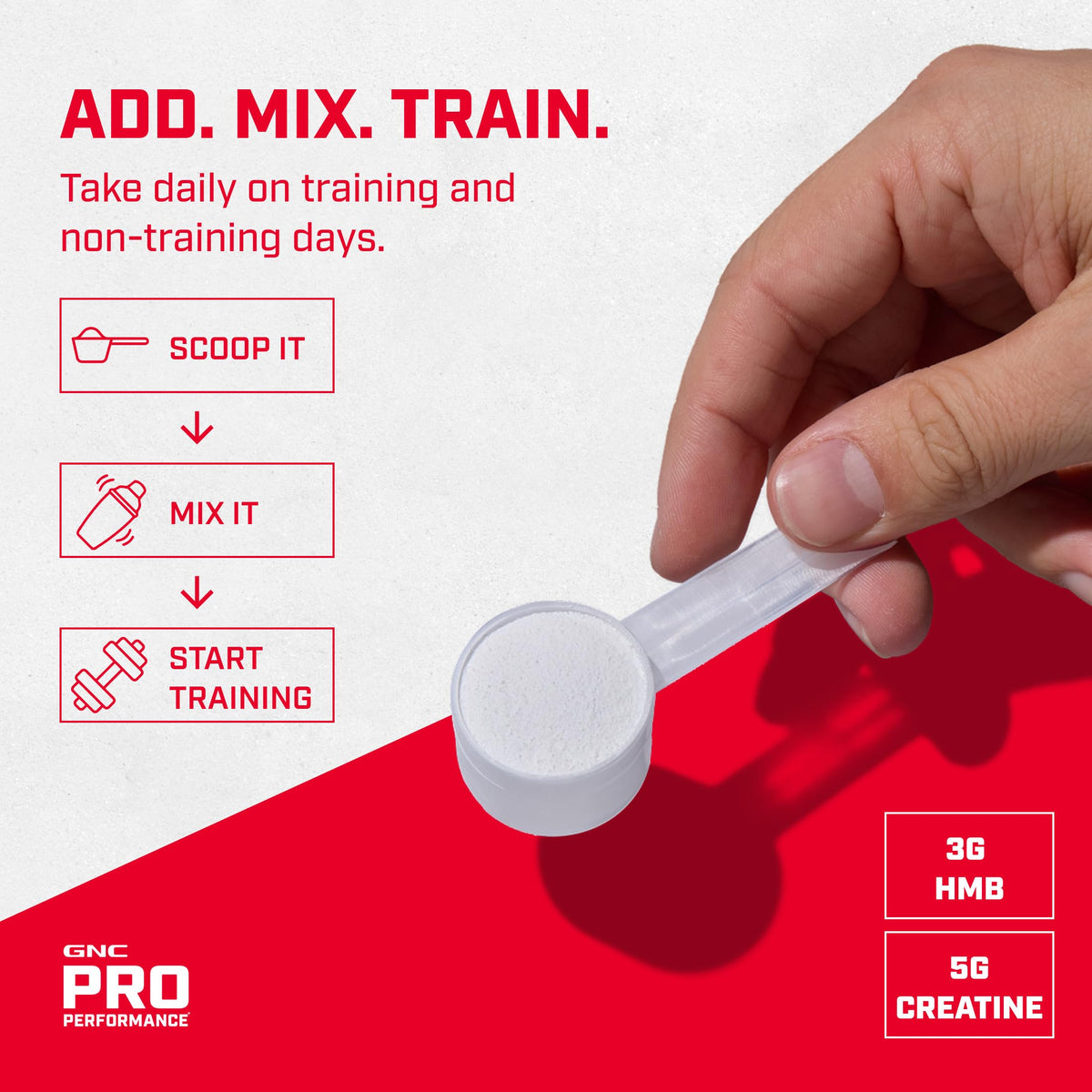 GNC Pro Performance Créatine Monohydrate + HMB 308g, packaging sur une table