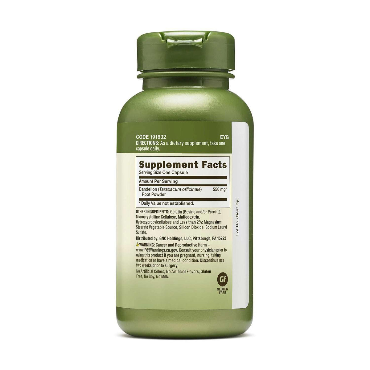 GNC Racine de Pissenlit 550mg capsules ouvertes sur une table