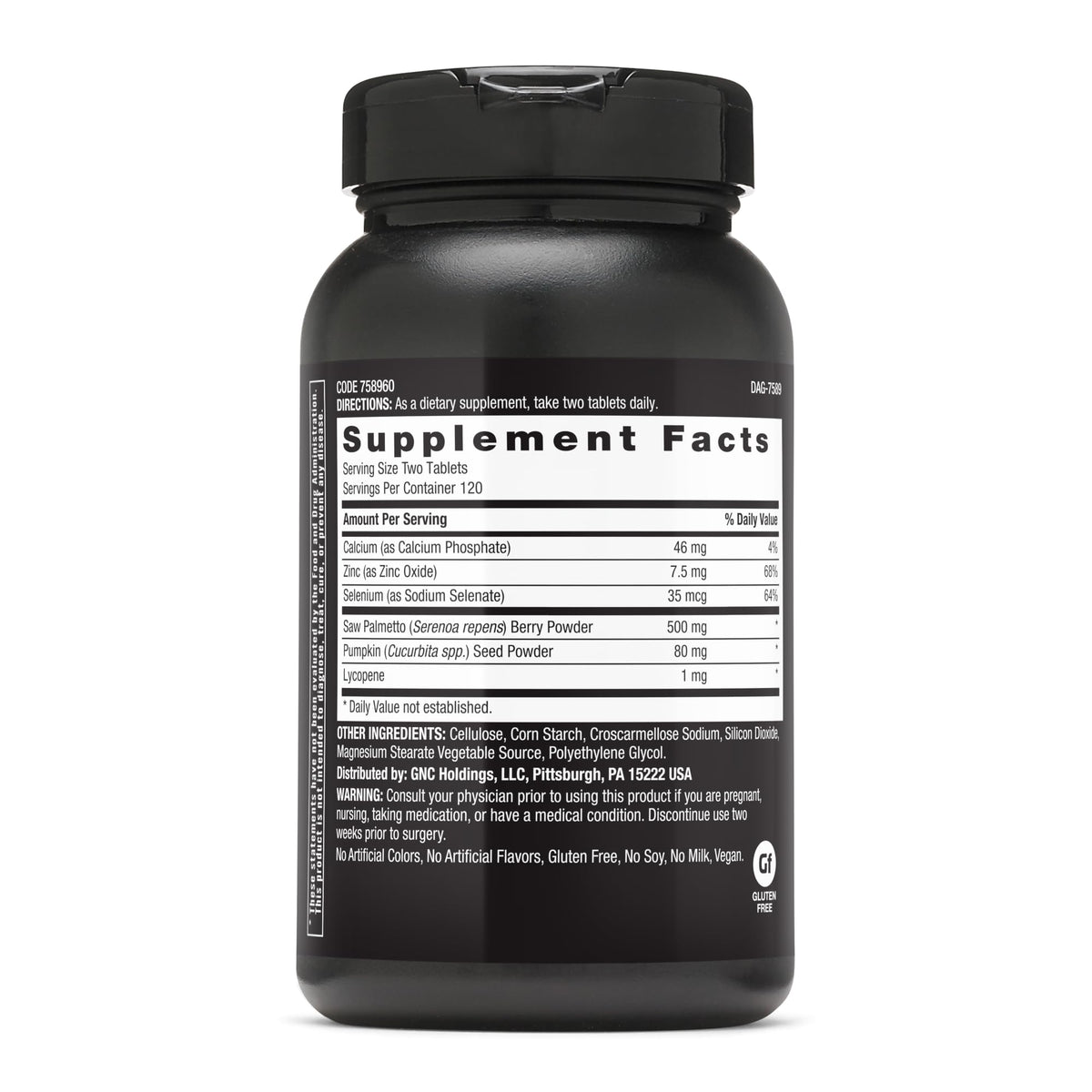 GNC Saw Palmetto 240 comprimés vue de côté montrant la taille de l'emballage