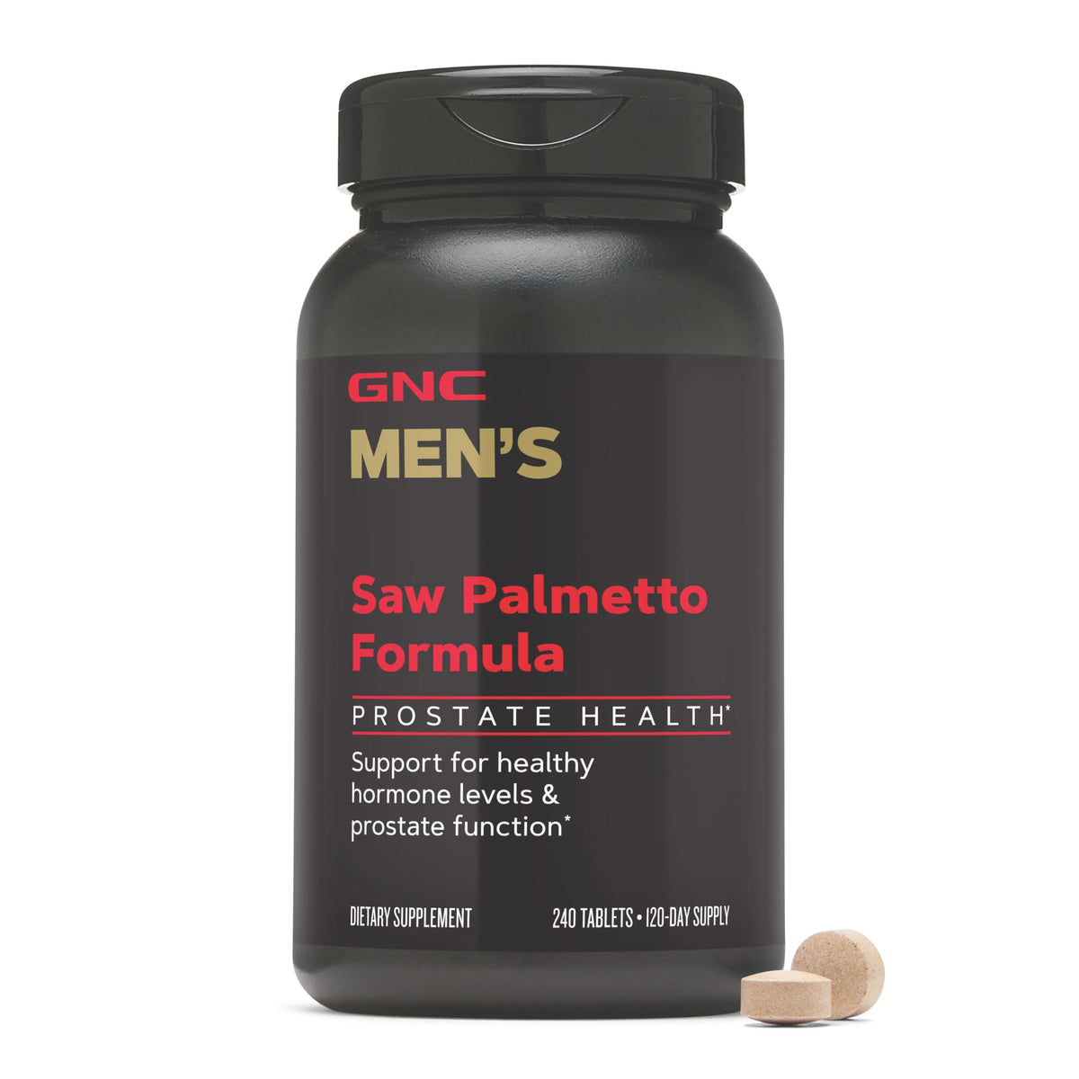 GNC Saw Palmetto 240 comprimés vue de face avec étiquette claire