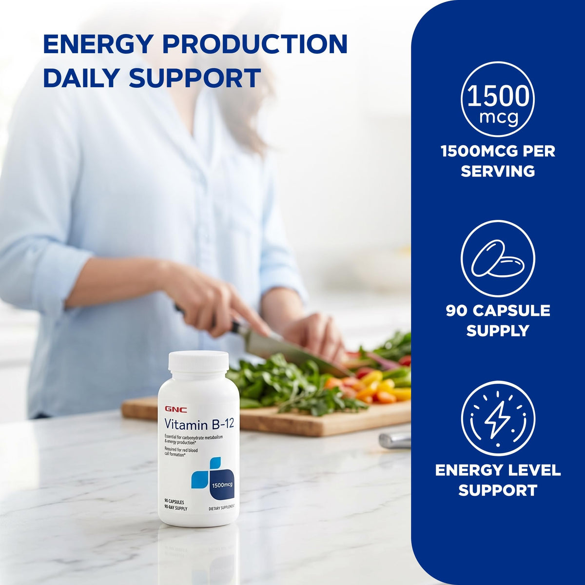 GNC Vitamine B-12 1500mcg, capsules sur fond blanc