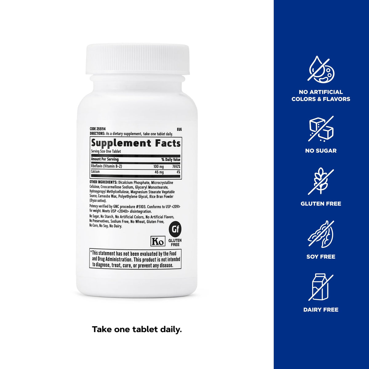 GNC Vitamine B2 100mg comprimés sur une table en bois